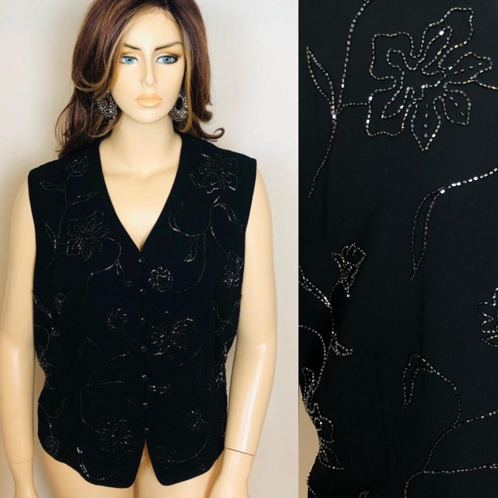 JONES NEW YORK 24W Black Metallic Floral Beaded & Sequin PLUS SIZE Chic Vest